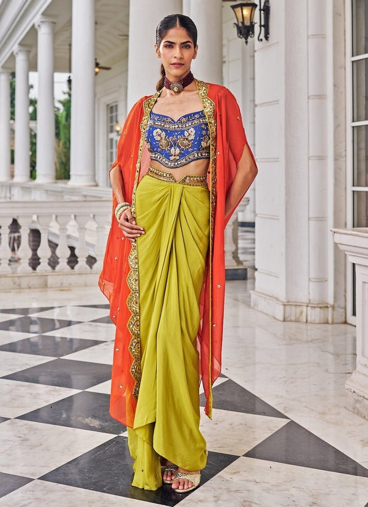 Multicolour Sequinned Dhoti Set With Cape Nidhika Shekar - Fabilicious Fashion