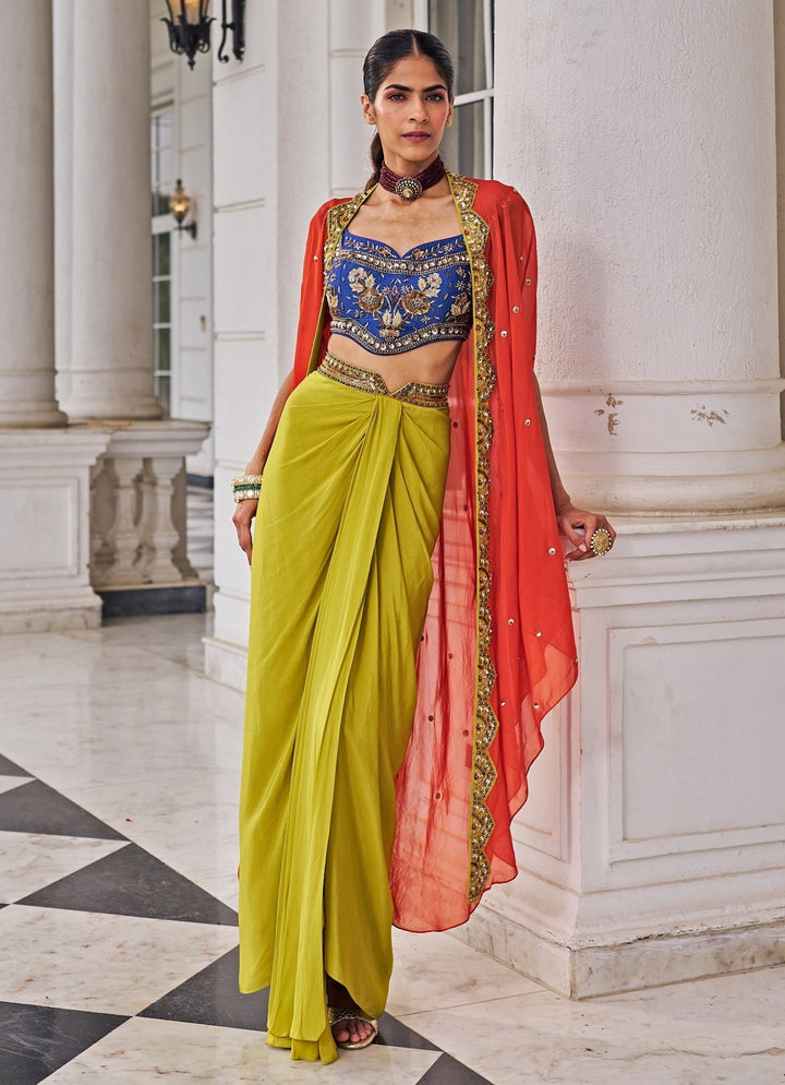 Multicolour Sequinned Dhoti Set With Cape Nidhika Shekar - Fabilicious Fashion
