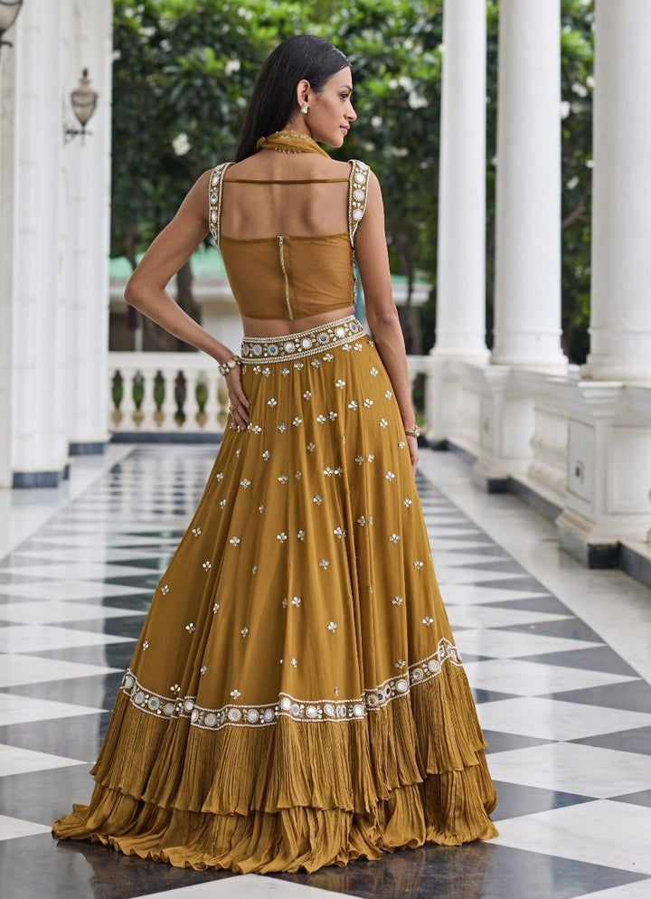 Mustard Gold Georgette Organza Lehenga Set Seema Thukral - Fabilicious Fashion