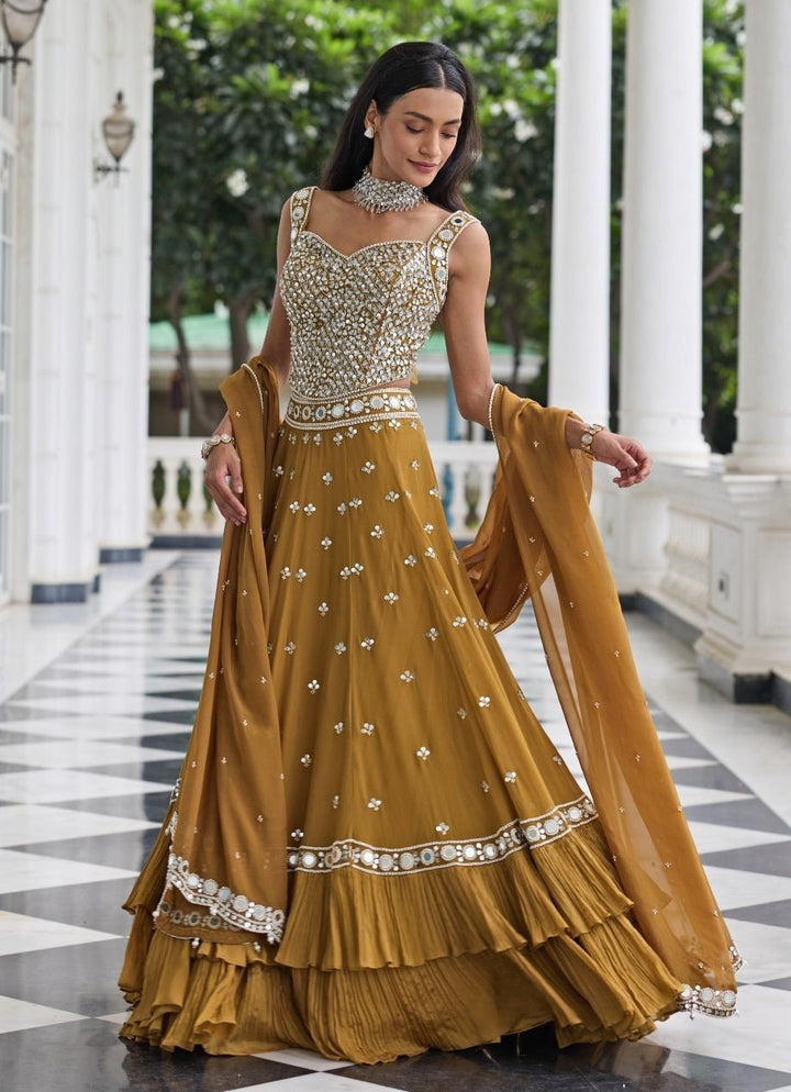 Mustard Gold Georgette Organza Lehenga Set Seema Thukral - Fabilicious Fashion