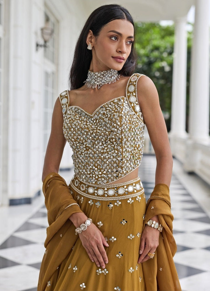 Mustard Gold Georgette Organza Lehenga Set Seema Thukral - Fabilicious Fashion