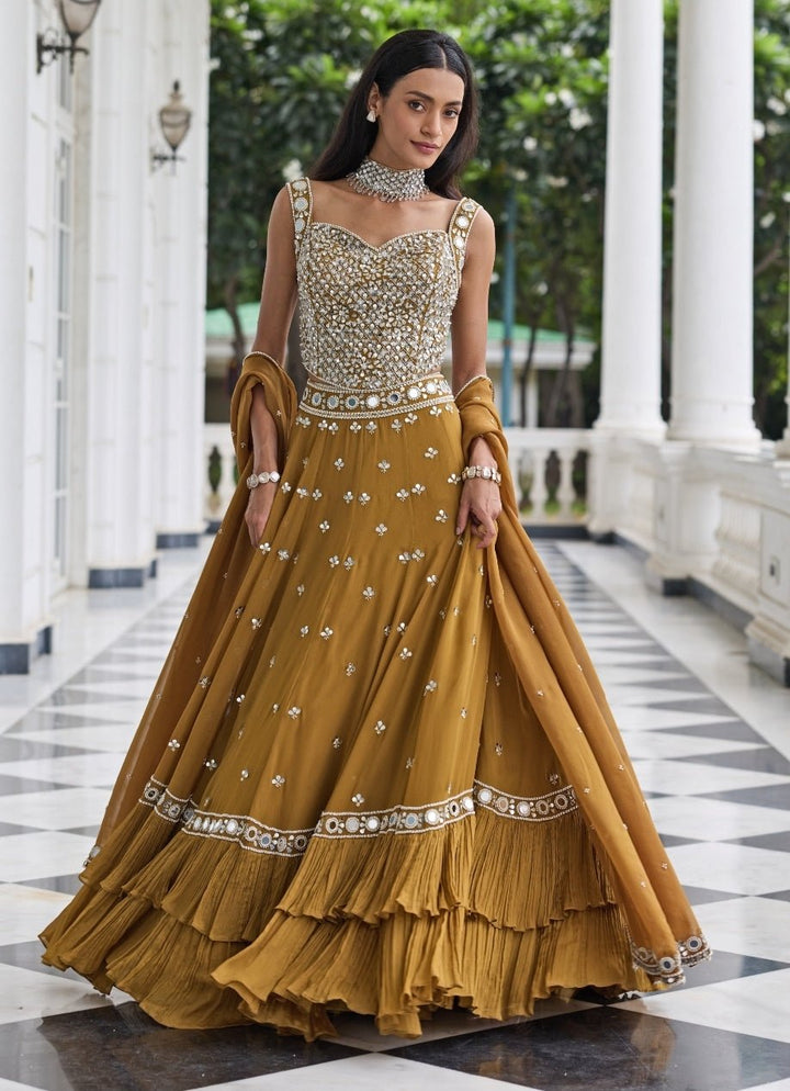 Mustard Gold Georgette Organza Lehenga Set Seema Thukral - Fabilicious Fashion