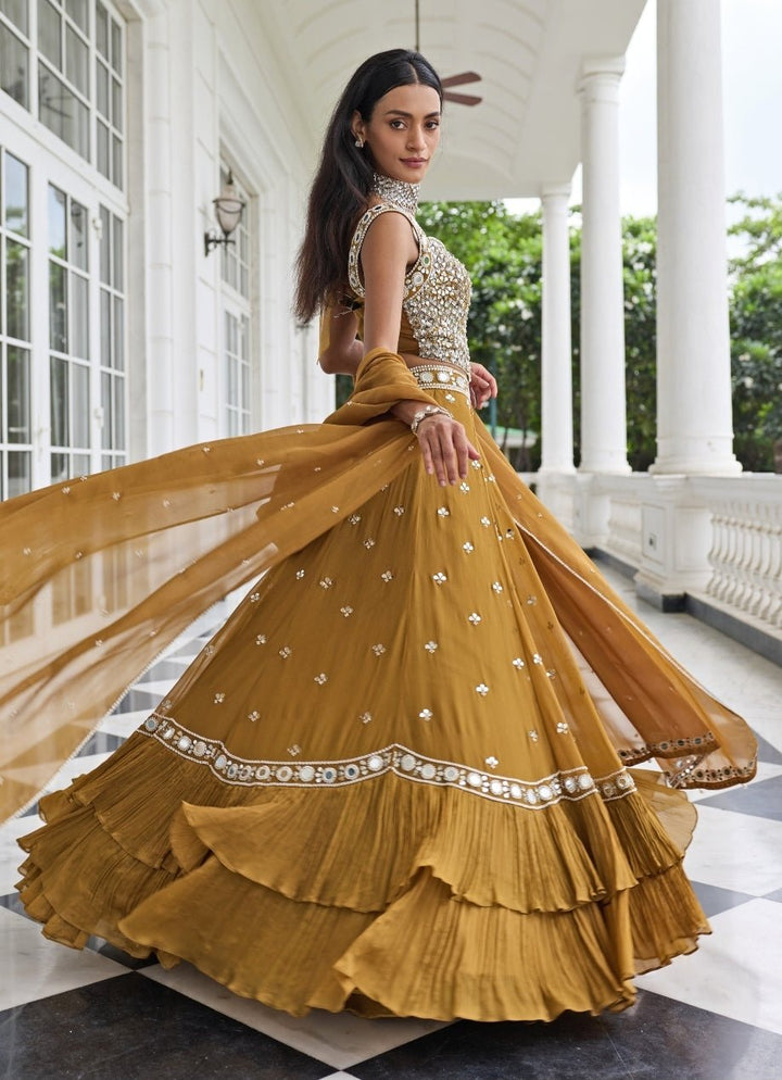 Mustard Gold Georgette Organza Lehenga Set Seema Thukral - Fabilicious Fashion