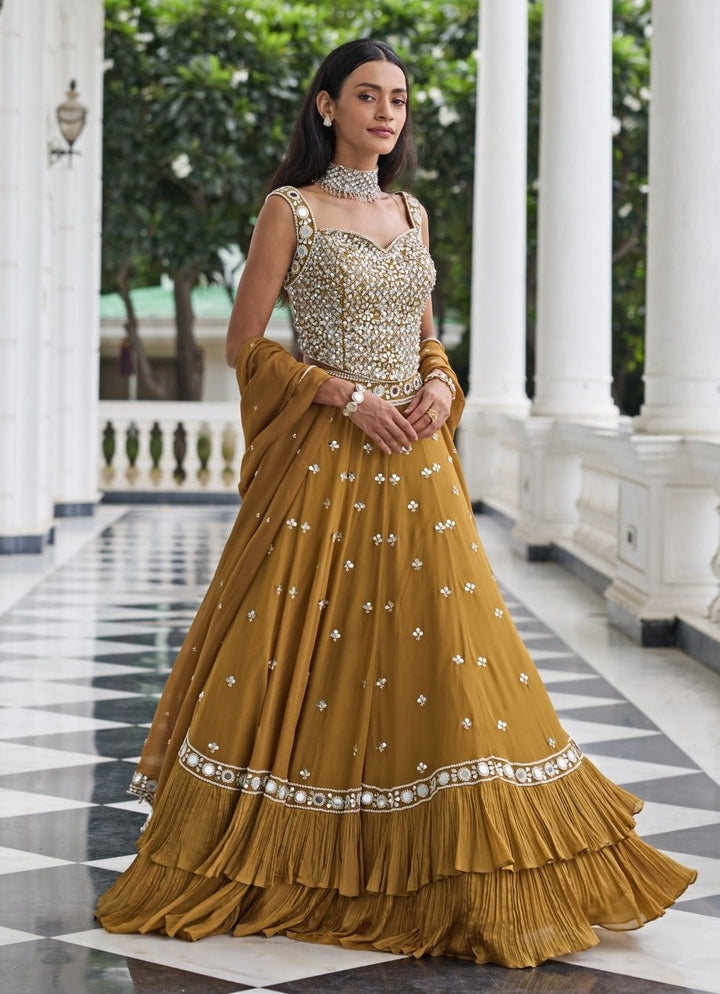 Mustard Gold Georgette Organza Lehenga Set Seema Thukral - Fabilicious Fashion