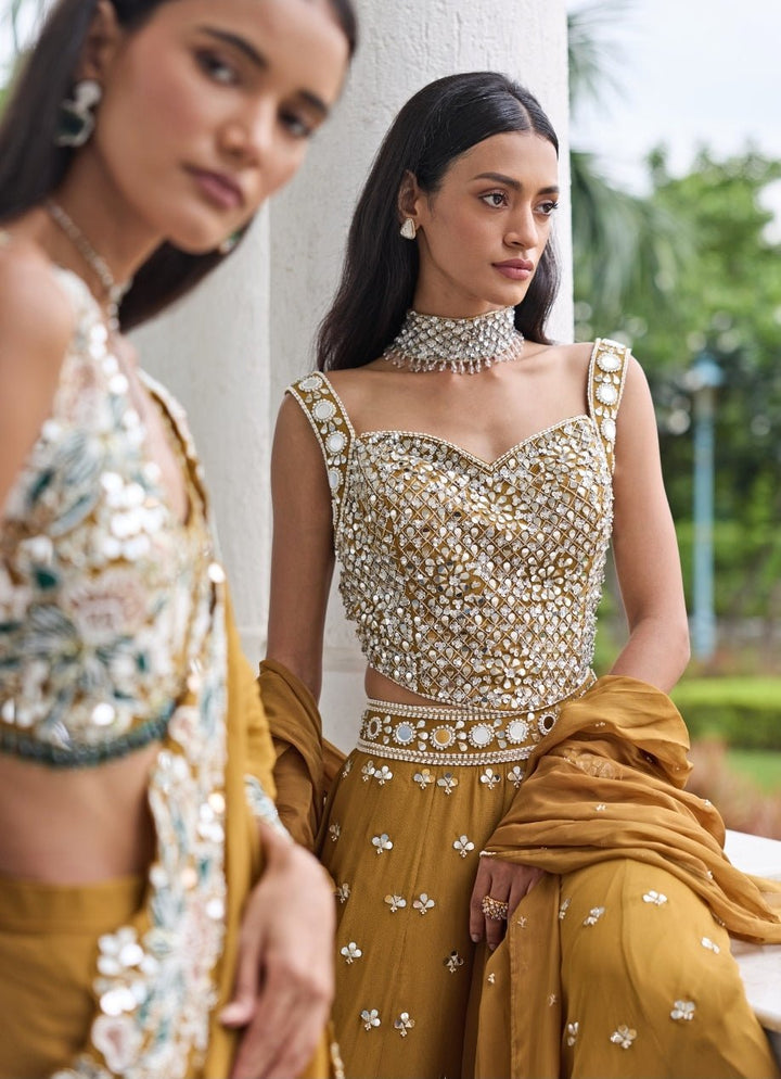 Mustard Gold Georgette Organza Lehenga Set Seema Thukral - Fabilicious Fashion