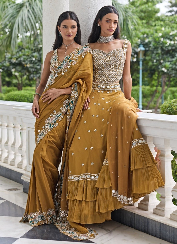 Mustard Gold Georgette Organza Lehenga Set Seema Thukral - Fabilicious Fashion
