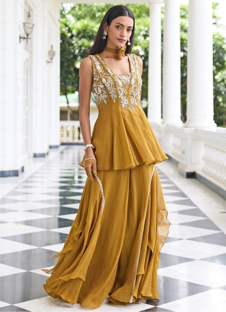 Mustard Gold Organza Peplum Kurta Gharara Set Seema Thukral - Fabilicious Fashion