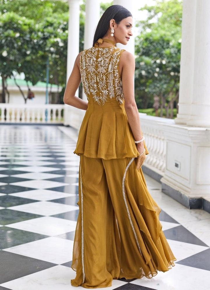 Mustard Gold Organza Peplum Kurta Gharara Set Seema Thukral - Fabilicious Fashion
