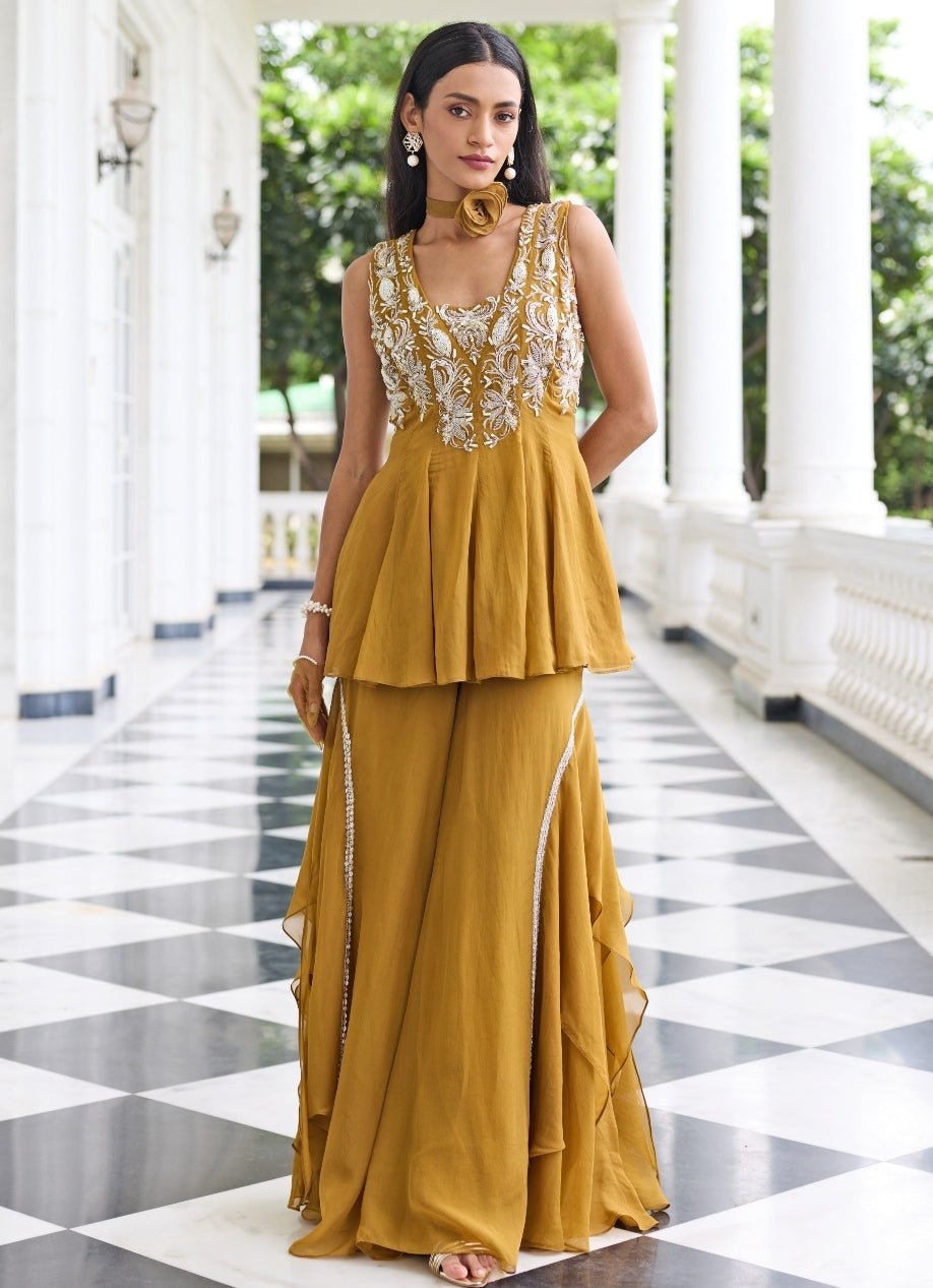 Mustard Gold Organza Peplum Kurta Gharara Set - Seema Thukral- Fabilicious  Fashion