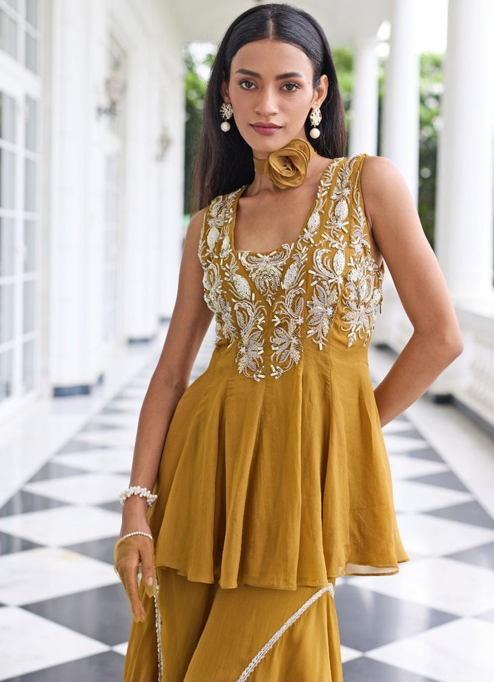 Mustard Gold Organza Peplum Kurta Gharara Set Seema Thukral - Fabilicious Fashion