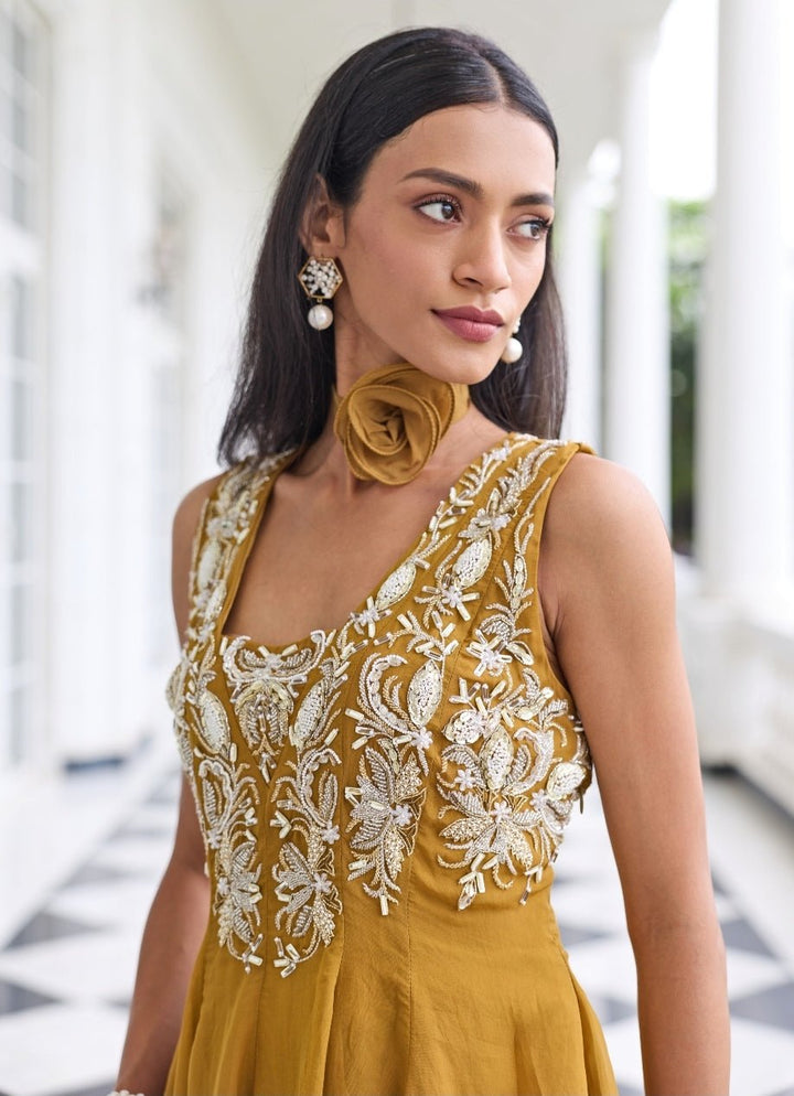 Mustard Gold Organza Peplum Kurta Gharara Set Seema Thukral - Fabilicious Fashion