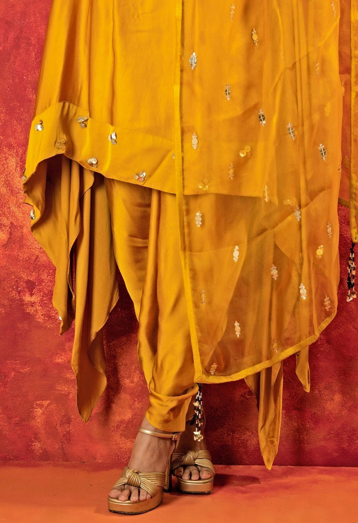 Mustard Yellow Embroidered High - Low Kurta Set Prahnaaya - Fabilicious Fashion