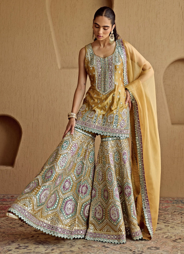 Mustard Yellow Mirror Embroidered Silk Kurta Garara Set Suhino - Fabilicious Fashion