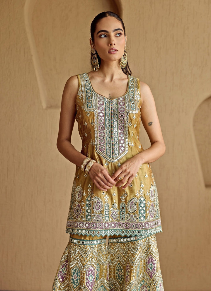 Mustard Yellow Mirror Embroidered Silk Kurta Garara Set Suhino - Fabilicious Fashion