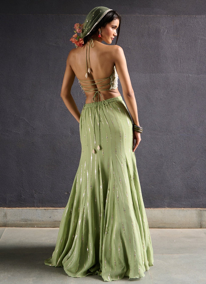 Muted Green Georgette Embellished Lehenga set Chamee and Palak - Fabilicious Fashion