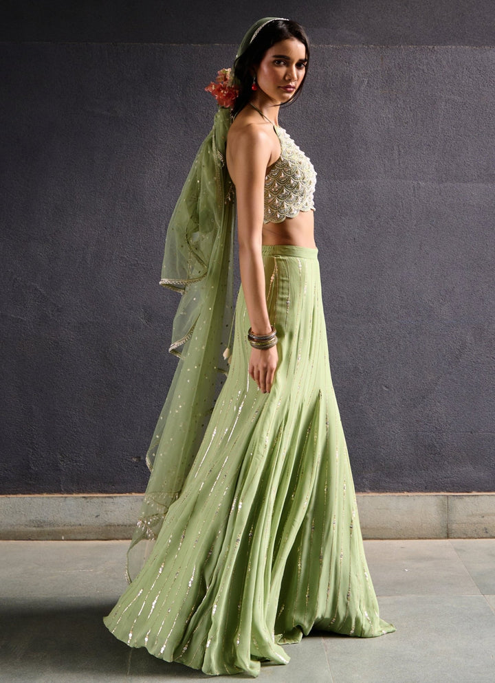 Muted Green Georgette Embellished Lehenga set Chamee and Palak - Fabilicious Fashion