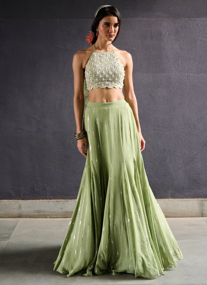 Muted Green Georgette Embellished Lehenga set Chamee and Palak - Fabilicious Fashion