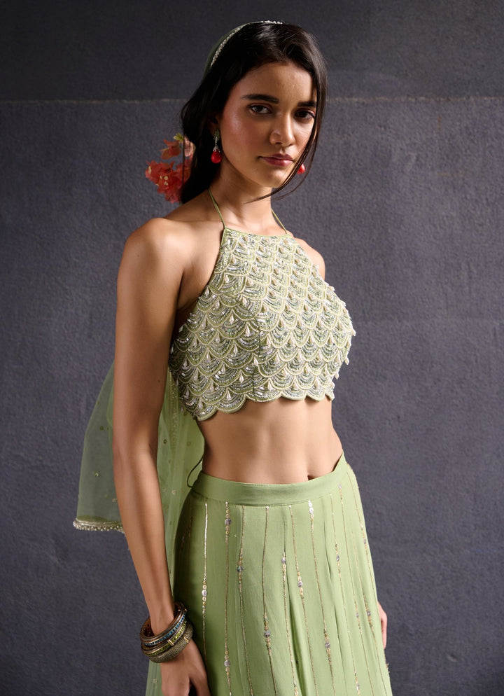 Muted Green Georgette Embellished Lehenga set Chamee and Palak - Fabilicious Fashion