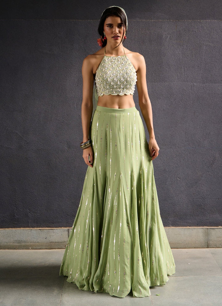 Muted Green Georgette Embellished Lehenga set Chamee and Palak - Fabilicious Fashion