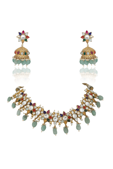 Navratna Flower Choker Set With Sea Green Beads Riana by Shikha Jindal - Fabilicious Fashion