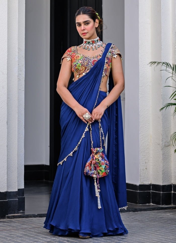 Navy Blue Chiffon Predraped Saree With Sequins Blouse Juhi Bengani - Fabilicious Fashion