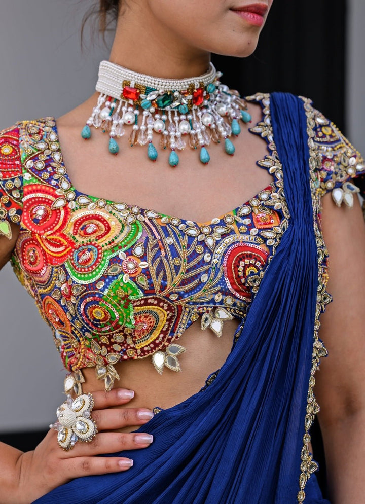 Navy Blue Chiffon Predraped Saree With Sequins Blouse Juhi Bengani - Fabilicious Fashion