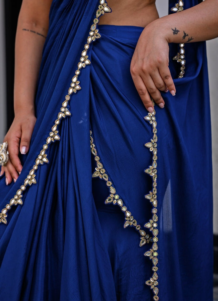 Navy Blue Chiffon Predraped Saree With Sequins Blouse Juhi Bengani - Fabilicious Fashion