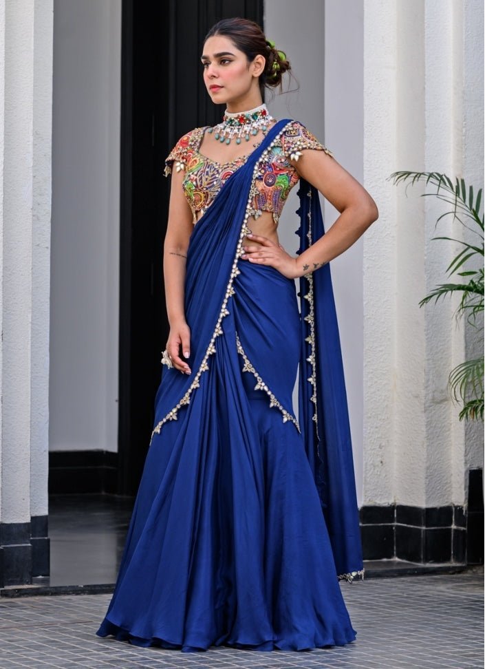 Navy Blue Chiffon Predraped Saree With Sequins Blouse Juhi Bengani - Fabilicious Fashion