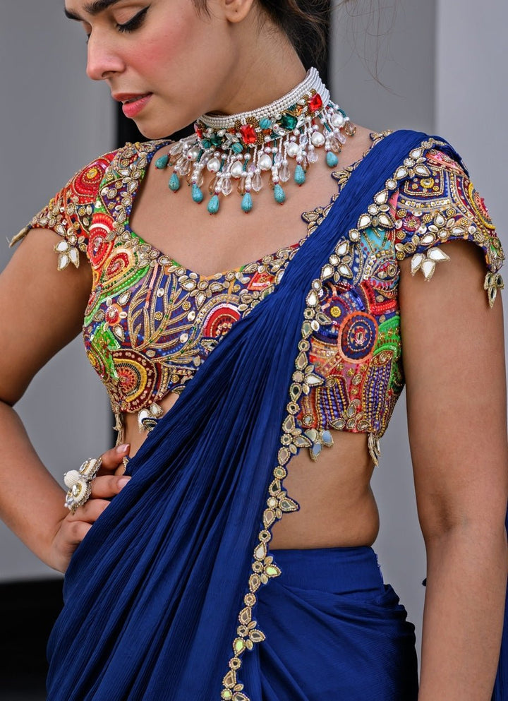Navy Blue Chiffon Predraped Saree With Sequins Blouse Juhi Bengani - Fabilicious Fashion