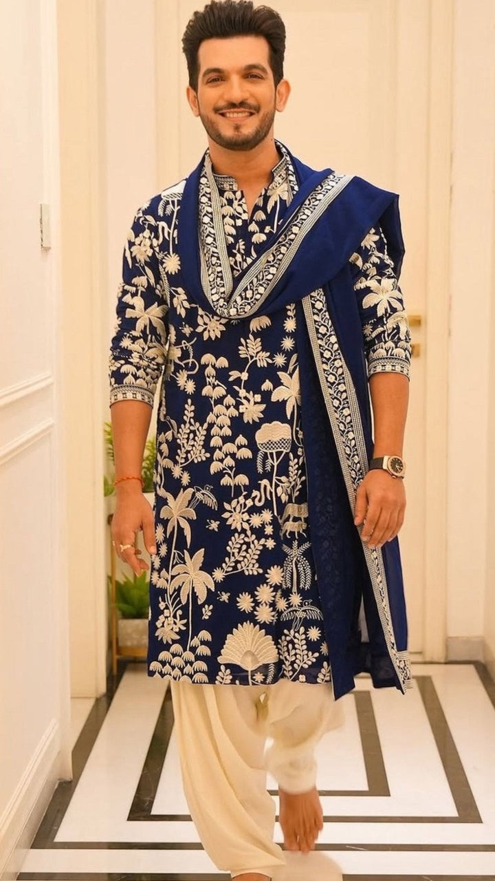 Navy Blue Embroidered Kurta Patiala Pant Set Kalpraag - Fabilicious Fashion