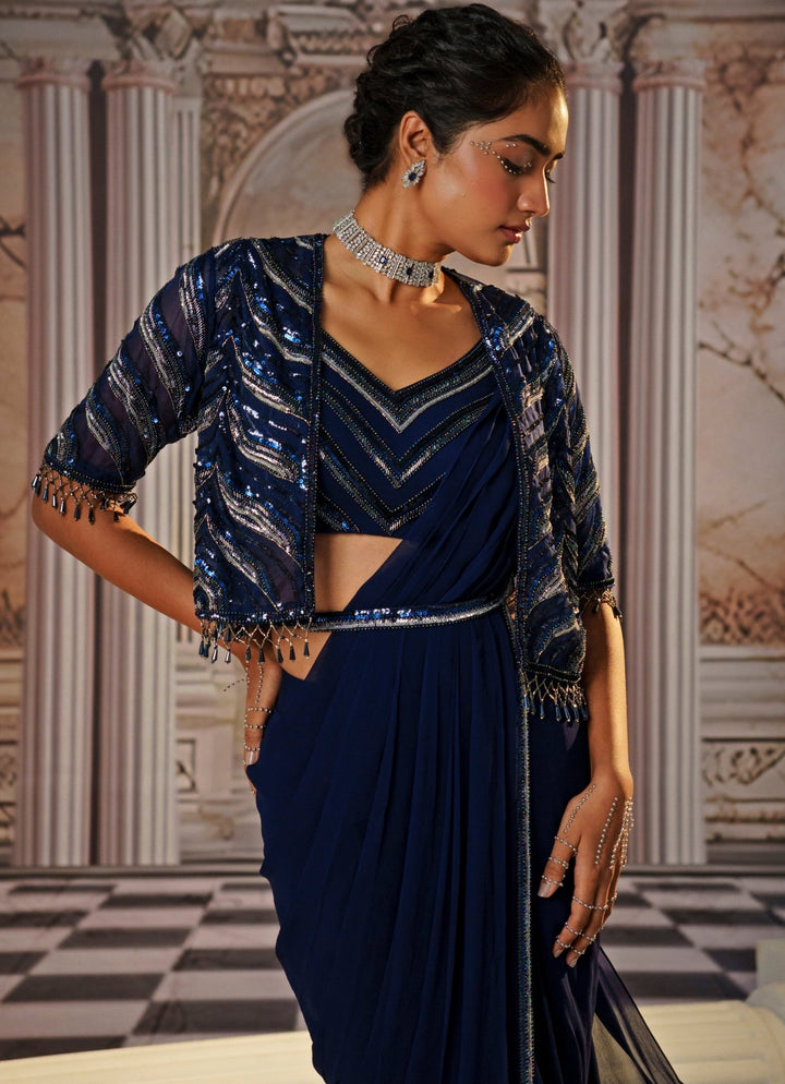 Navy Blue Embroidered Saree With Cape Nidhika Shekhar - Fabilicious Fashion