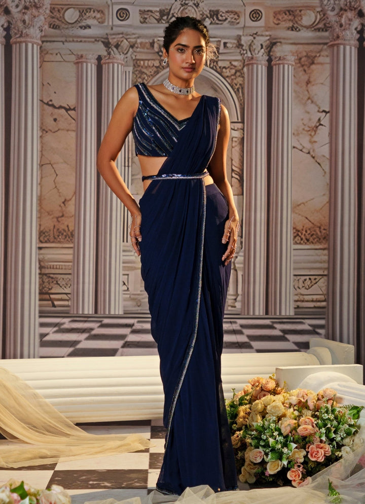 Navy Blue Embroidered Saree With Cape Nidhika Shekhar - Fabilicious Fashion