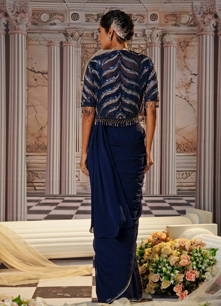 Navy Blue Embroidered Saree With Cape Nidhika Shekhar - Fabilicious Fashion