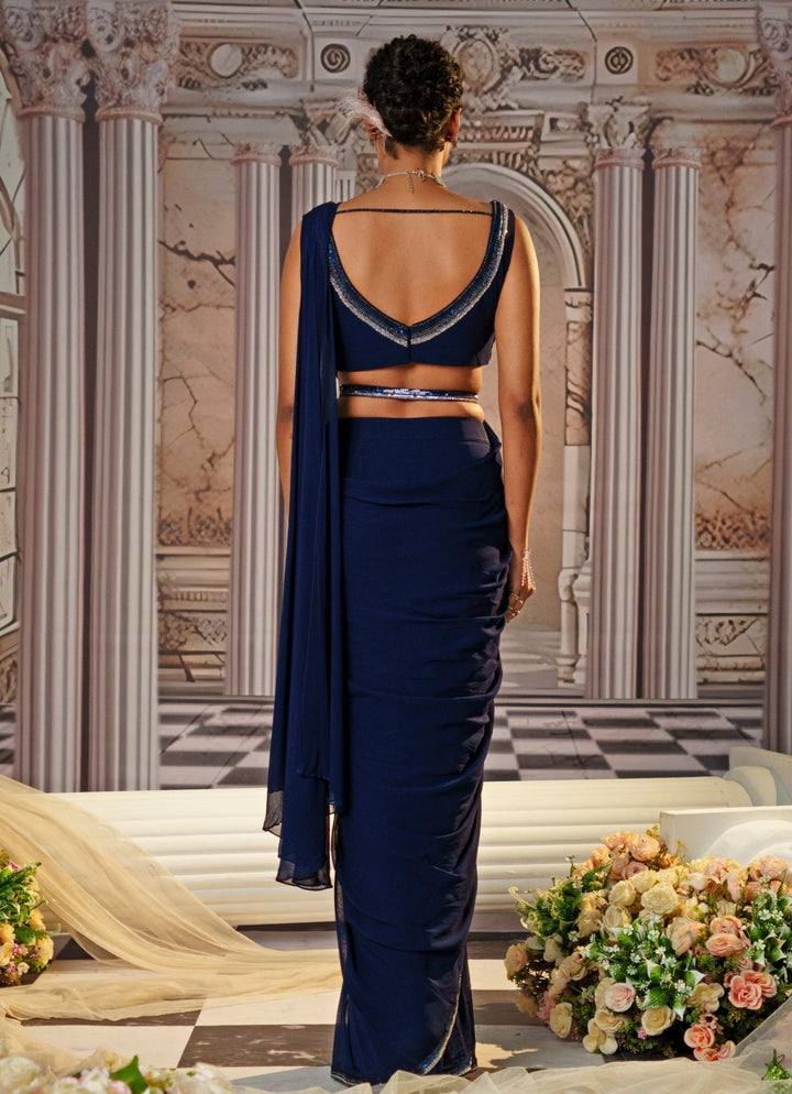 Navy Blue Embroidered Saree With Cape Nidhika Shekhar - Fabilicious Fashion