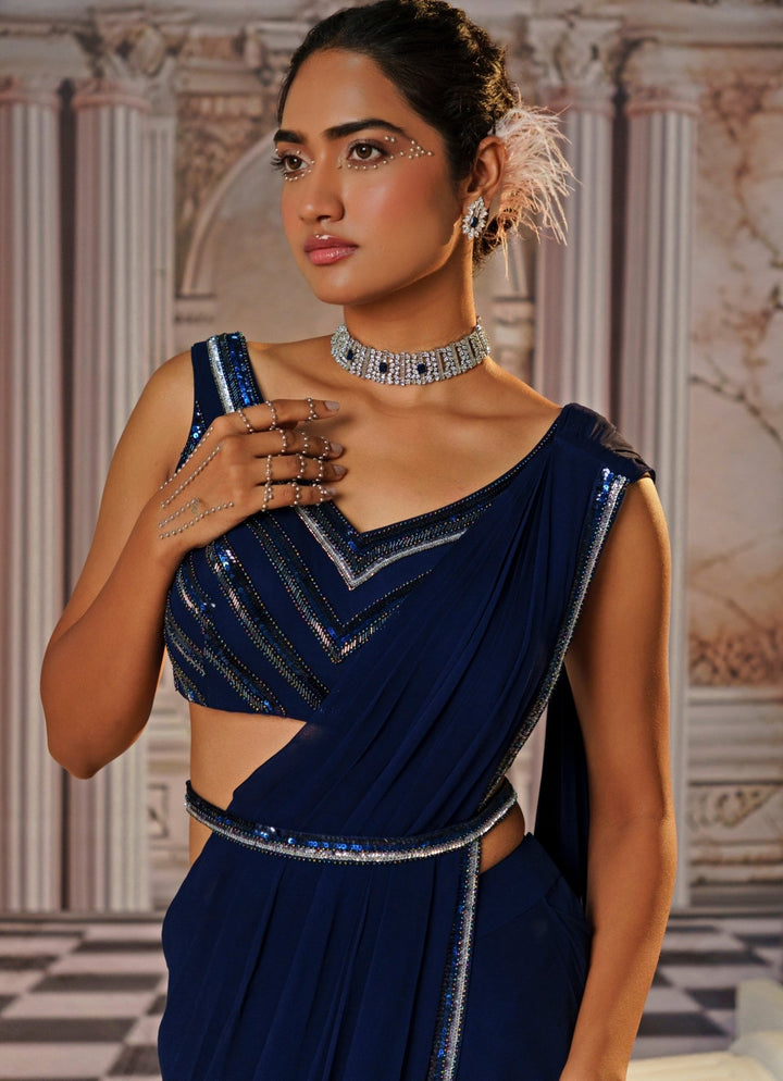 Navy Blue Embroidered Saree With Cape Nidhika Shekhar - Fabilicious Fashion