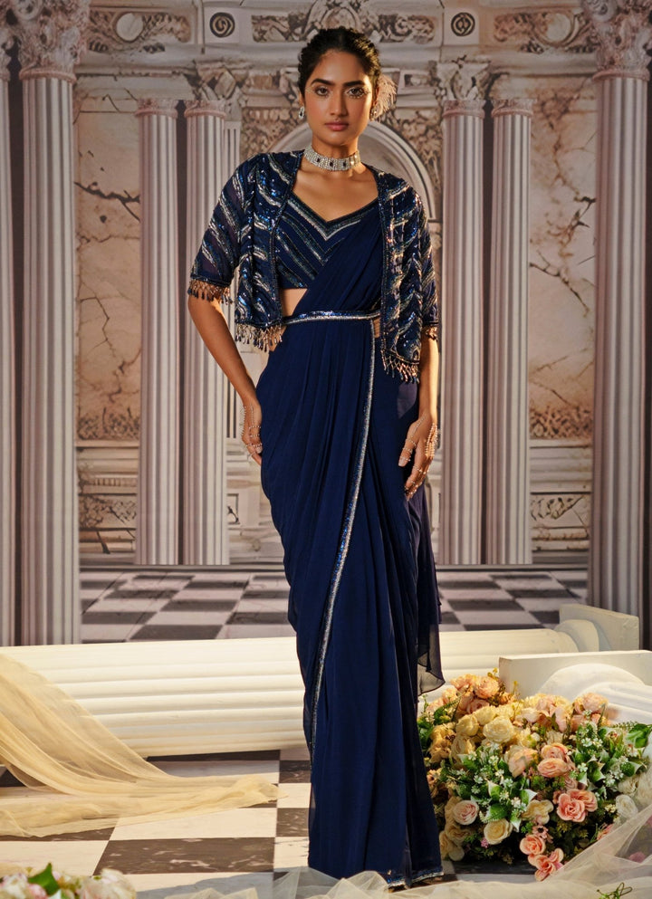 Navy Blue Embroidered Saree With Cape Nidhika Shekhar - Fabilicious Fashion
