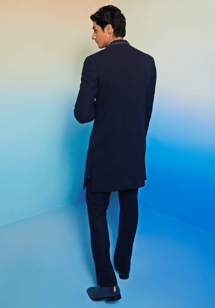 Navy Blue Embroidered Sherwani Set Contrast by Parth - Fabilicious Fashion
