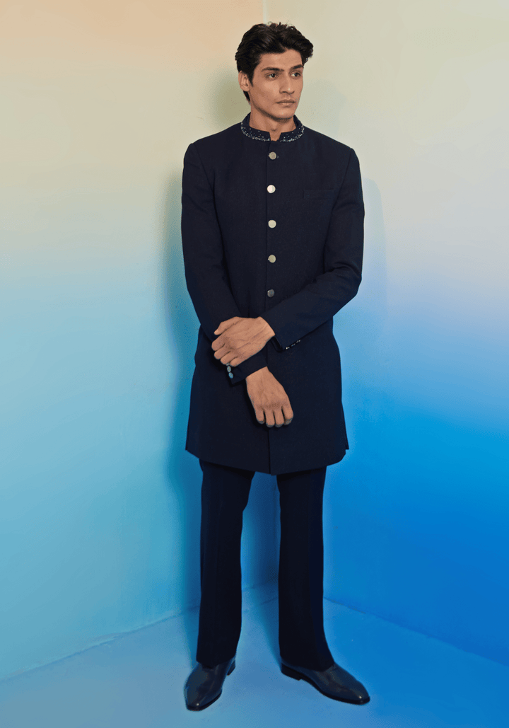 Navy Blue Embroidered Sherwani Set Contrast by Parth - Fabilicious Fashion