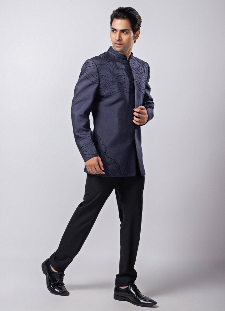 Navy Blue Embroidered Silk Bandhgala Pant Set Smriti - Fabilicious Fashion