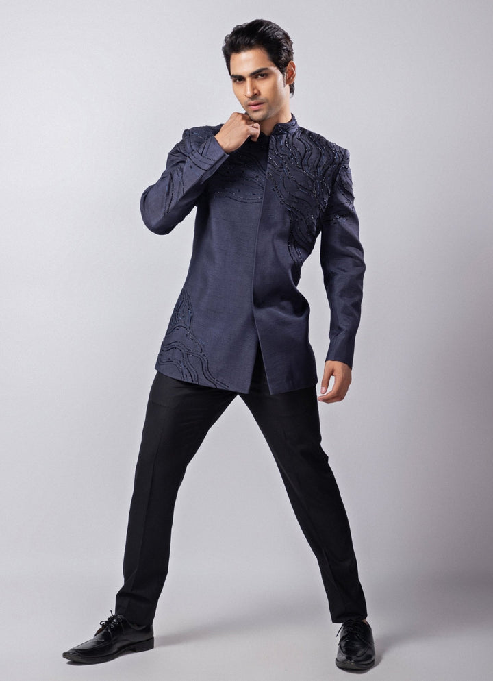 Navy Blue Embroidered Silk Bandhgala Pant Set Smriti - Fabilicious Fashion