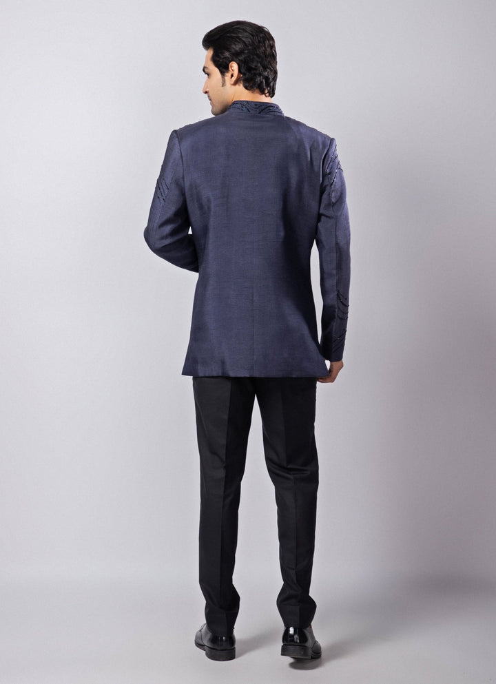 Navy Blue Embroidered Silk Bandhgala Pant Set Smriti - Fabilicious Fashion