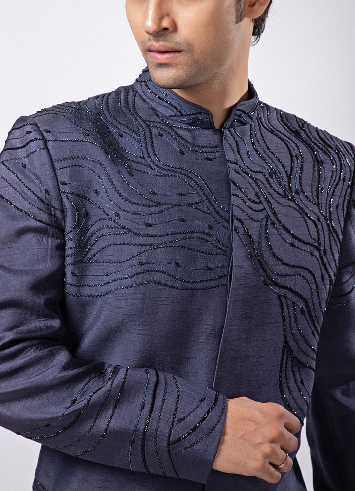 Navy Blue Embroidered Silk Bandhgala Pant Set Smriti - Fabilicious Fashion