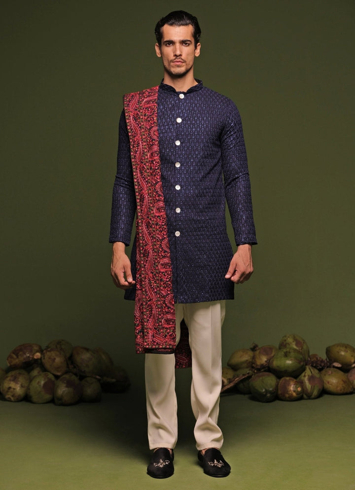 Navy Blue Front - Open Kurta Pant Set With Embroidered Dupatta Kalpraag - Fabilicious Fashion
