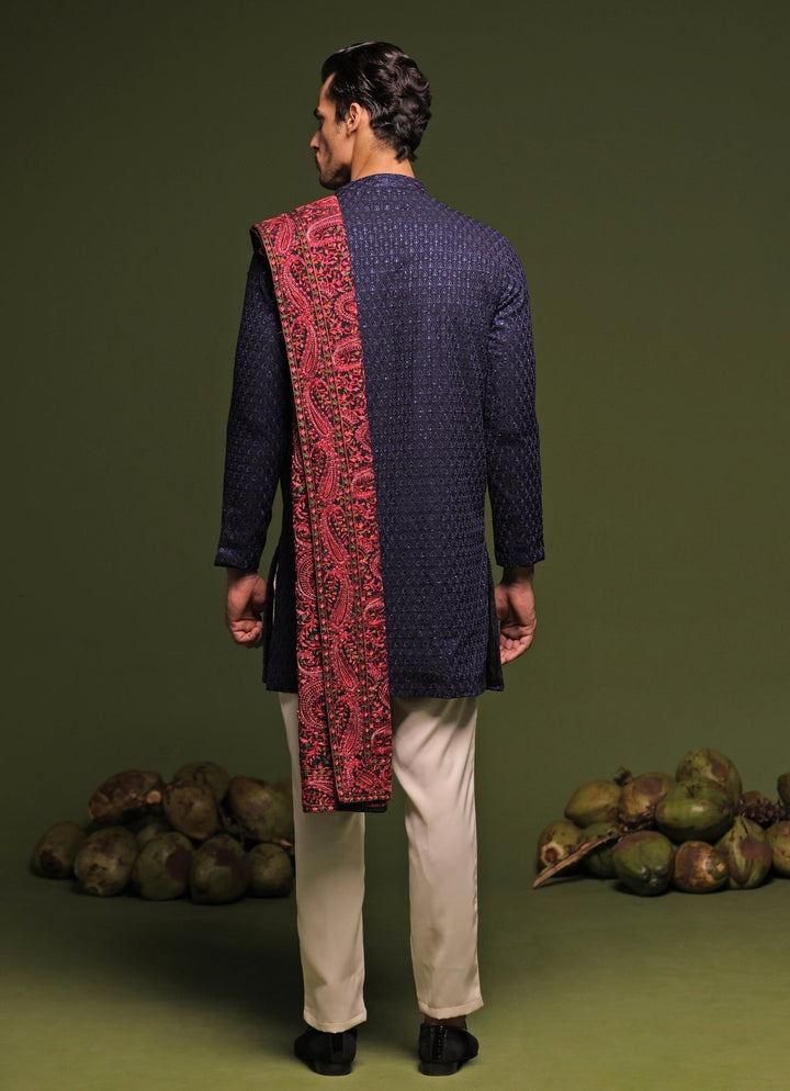 Navy Blue Front - Open Kurta Pant Set With Embroidered Dupatta Kalpraag - Fabilicious Fashion