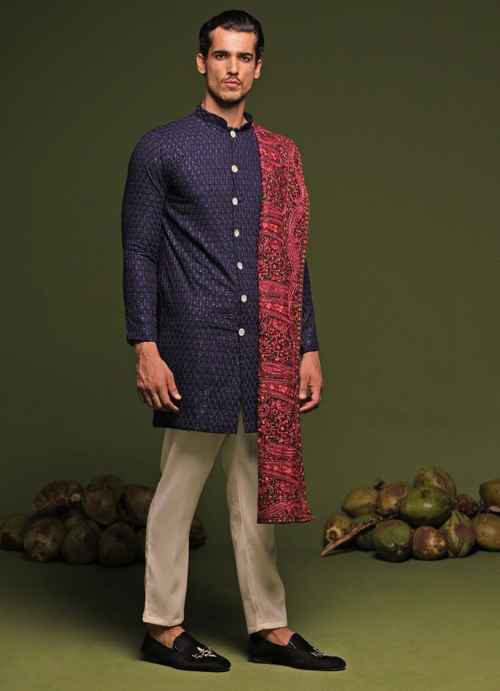 Navy Blue Front - Open Kurta Pant Set With Embroidered Dupatta Kalpraag - Fabilicious Fashion