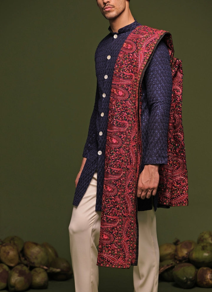 Navy Blue Front - Open Kurta Pant Set With Embroidered Dupatta Kalpraag - Fabilicious Fashion