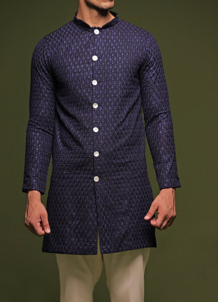 Navy Blue Front - Open Kurta Pant Set With Embroidered Dupatta Kalpraag - Fabilicious Fashion