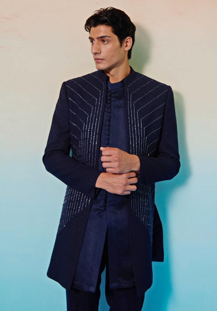 Navy Blue Geometric Embroidered Sherwani Set Contrast by Parth - Fabilicious Fashion