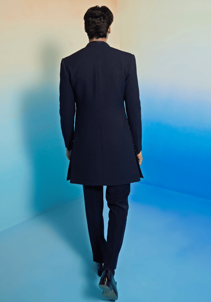 Navy Blue Geometric Embroidered Sherwani Set Contrast by Parth - Fabilicious Fashion