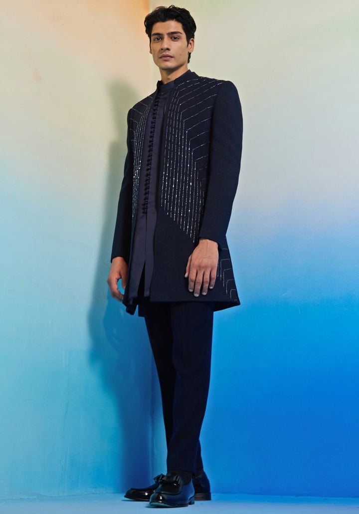 Navy Blue Geometric Embroidered Sherwani Set Contrast by Parth - Fabilicious Fashion
